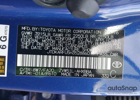 2017 Toyota Prius Two Eco z USA, uszkodzony, nr VIN JTDKARFU5H3528860